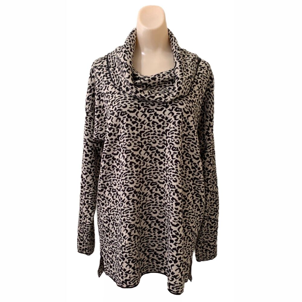 Calvin Klein Womens Cowl Neck Top Large Sweater Animal Print Leopard Designer